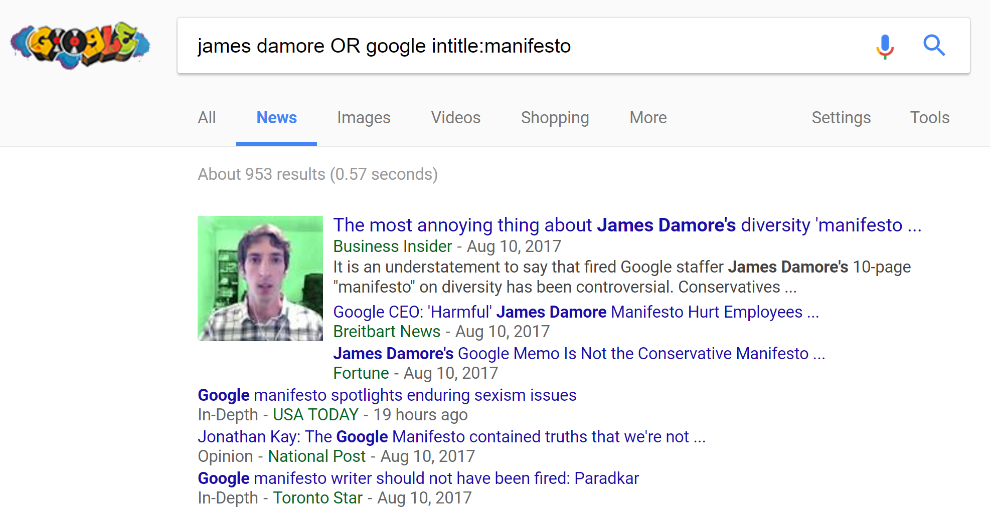 Google News results for James Damore Manifesto